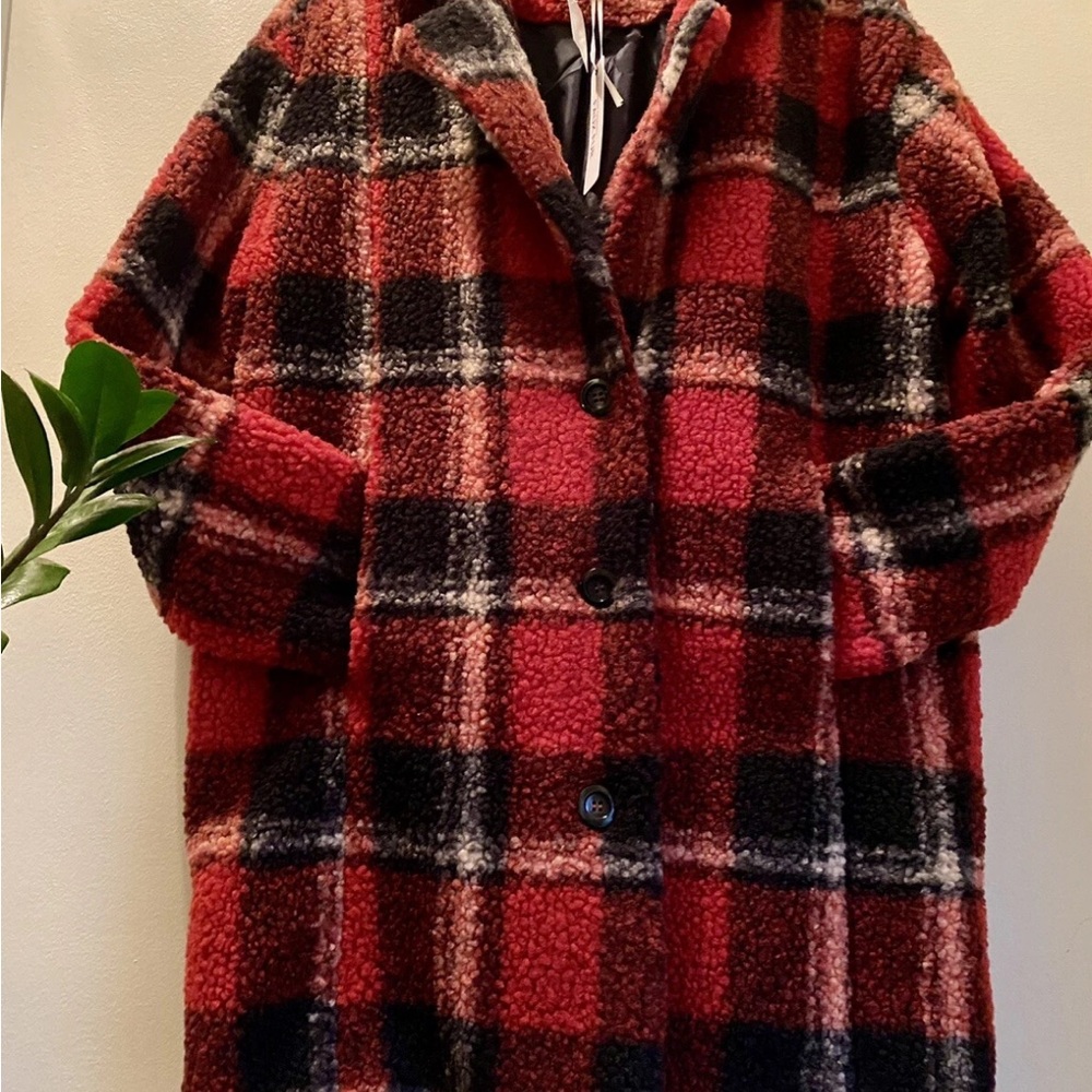 Love Tree Red and Black Plaid Jacket Faux Sherpa Meduim